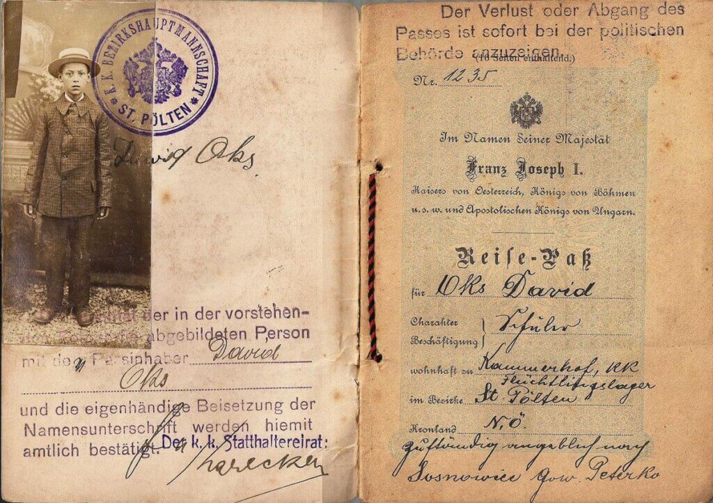This 1916 travel document belonged to a young Jewish refugee, shown in a “portrait-style” passport photo.