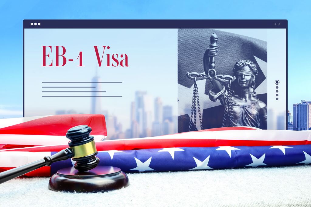 Página do site do visto eb1 e a bandeira dos EUA