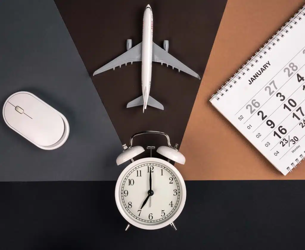 A calendar, a computer mouse, a notice, and a clock at the center—symbolizing the passage of time in immigration cases