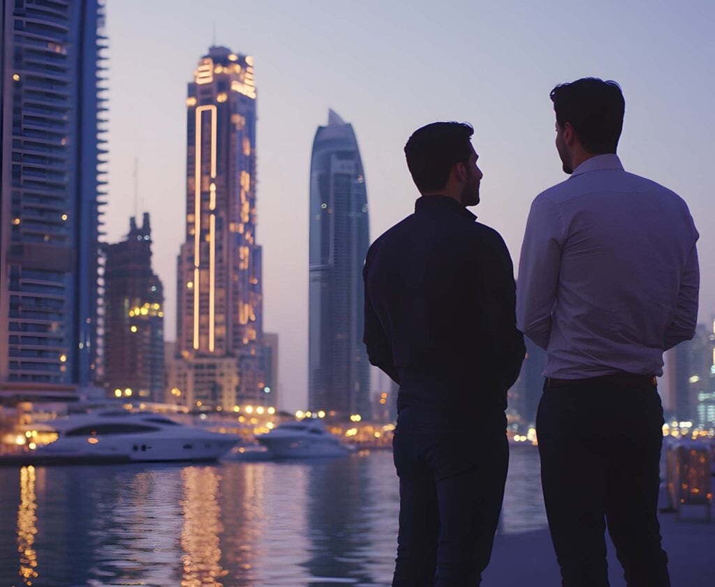 Dois profissionais apreciando a vista de Dubai