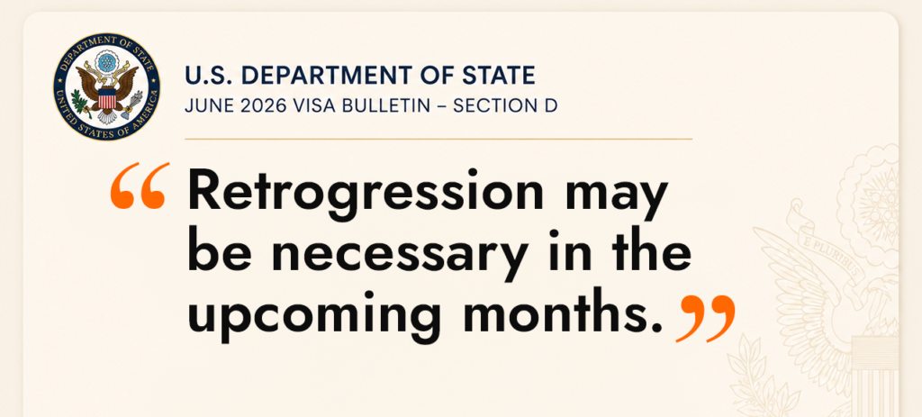 U.S. Department of State June 2026 Visa Bulletin warning that retrogression may be necessary in the upcoming months