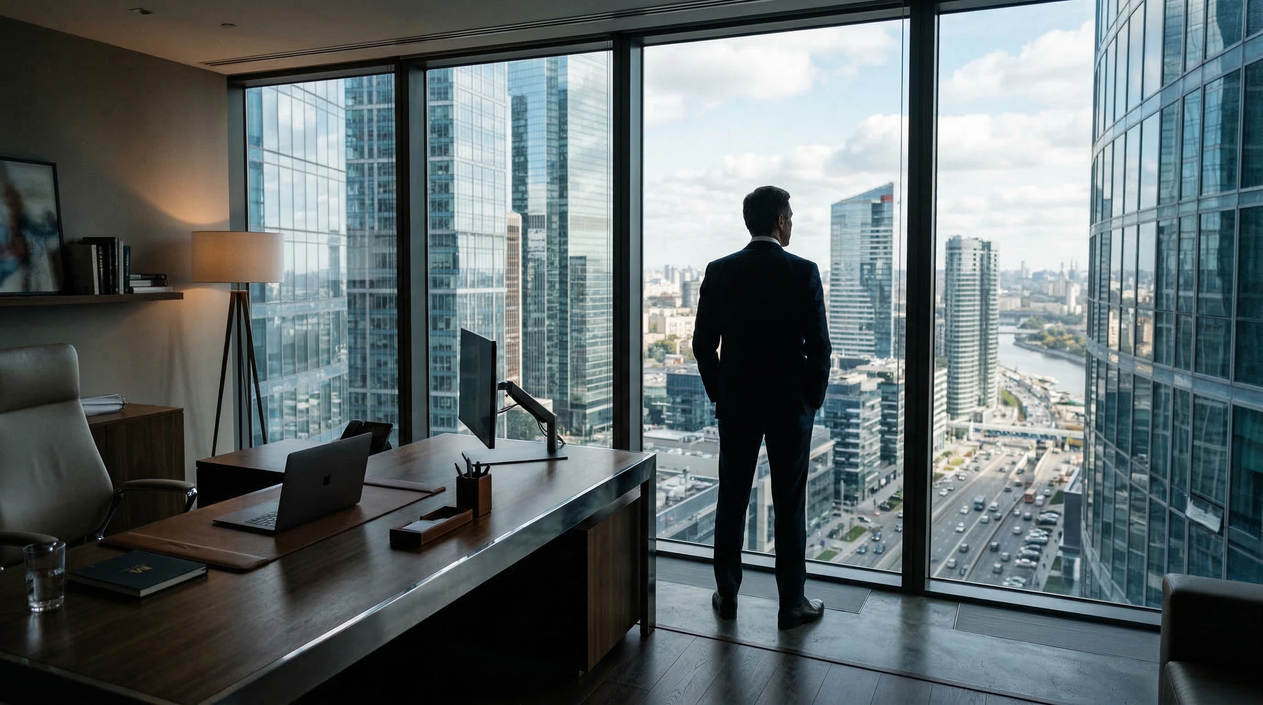 Corporate executive in a modern U.S. office overlooking a city skyline